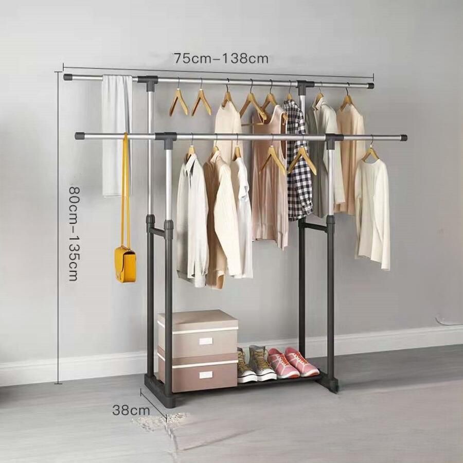 Ceruzo Kledingrek Verstelbaar in hoogte 135 cm en breedte 138 CM- 2 Stangen Verrijdbaar