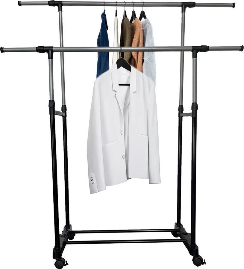 Ceruzo Kledingrek Verstelbaar in hoogte 135 cm verstelbaar breedte 138 CM- 2 Stangen -Verrijdbaar