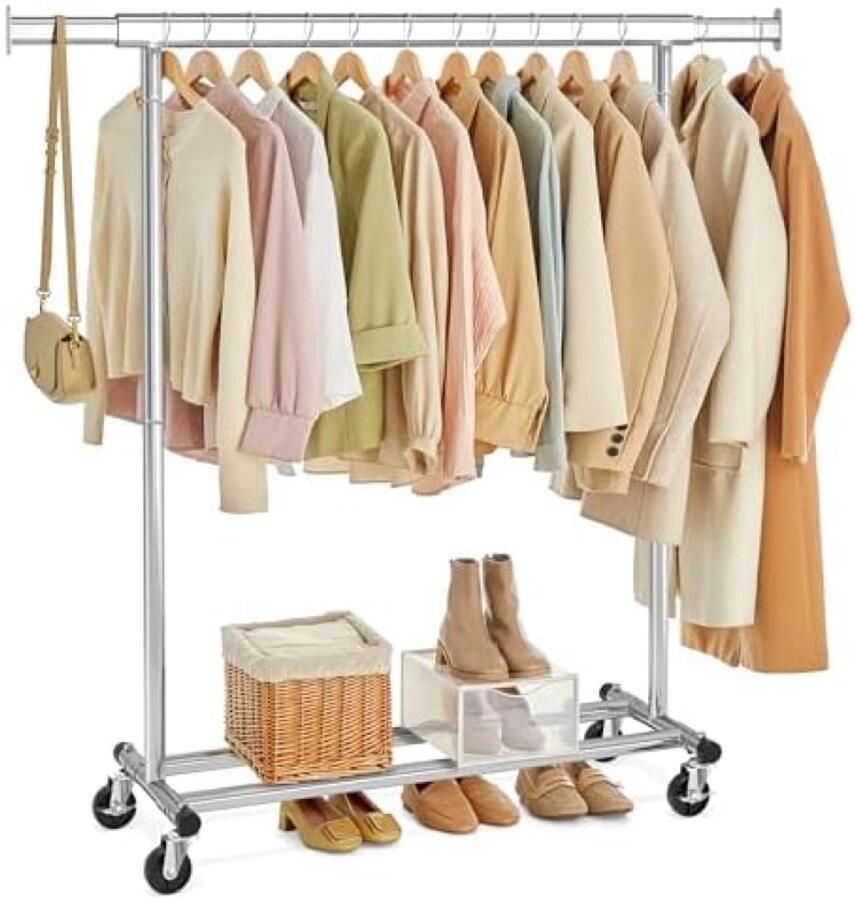 Kledingrek Verstelbaar Kledingrek op Wielen met Uittrekbare Ophangrail Robuust Metaal Frame 90 kg Draagvermogen Eenvoudige Montage Draagbaar Zilver Kleurig