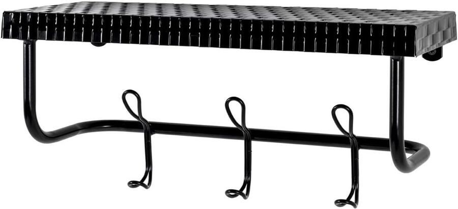 Kledingrek voor aan de muur met zwarte metalen afwerking en praktische haken