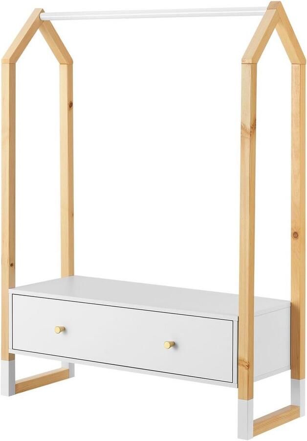 Kledingrek voor kinderen met grote lade en stang open standaard kindergarderobe van hout wit