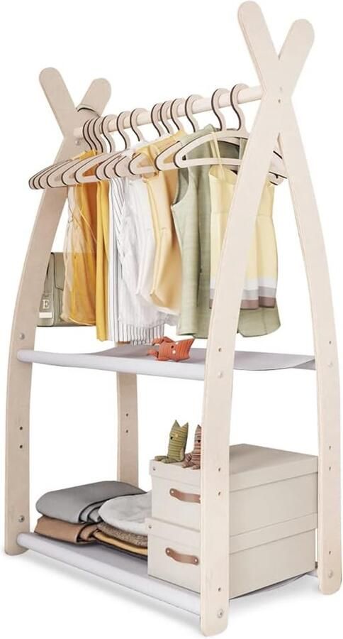 Kledingrek voor Kinderen Staand Kapstok en Houten Rail 95x106cm