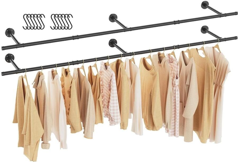 Kledingrek voor muur wandmontage set van 2 zwart metaal 211 cm