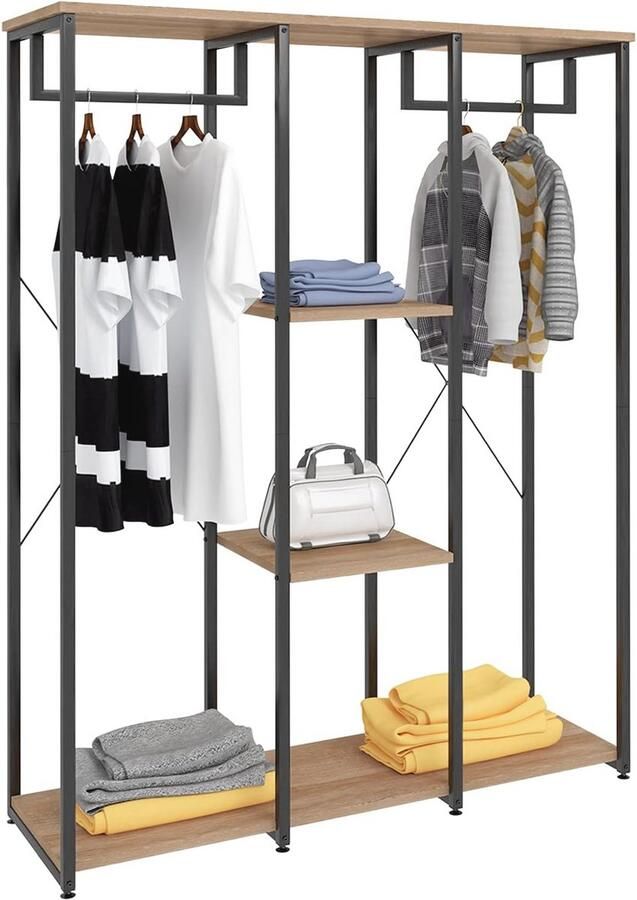 Kledingrek voor slaapkamer en hal Open kledingkast met planken Zwart en licht eiken Stevig en multifunctioneel
