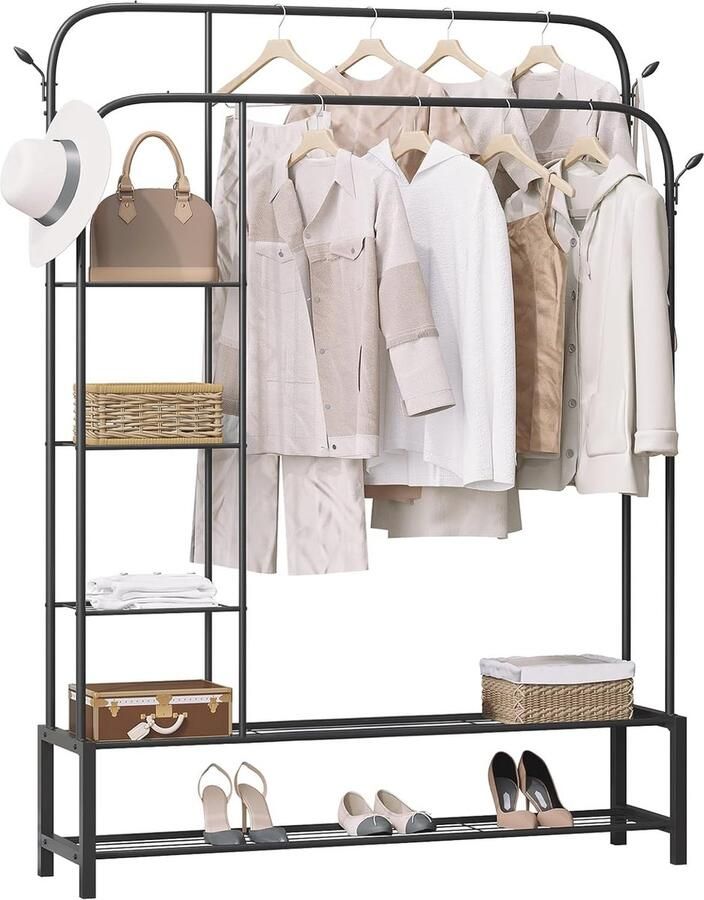 Kledingrek voor Slaapkamer en Hal Staande Garderobe met Dubbele Kledingstang en Schoenenrek Zwart Metaal Ruimtebesparende Opbergoplossing 130x164cm
