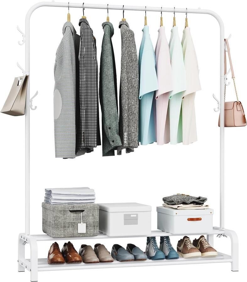 Kledingrek voor slaapkamer Minimalistisch en stevig ontwerp Vrijstaande kledingophangstang met zijhaakjes en schoenenrek