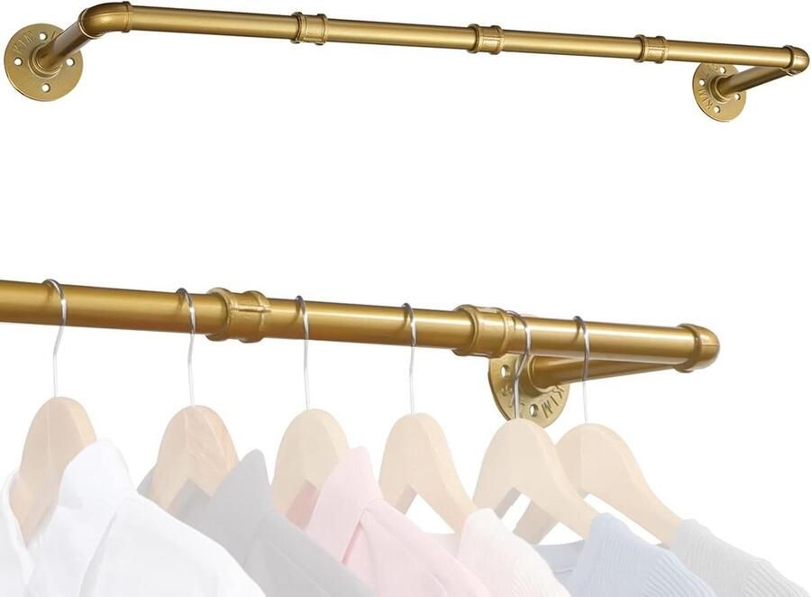 Kledingrek voor wandmontage goud 70 cm industrieel design tot 100 kg per meter belastbaar