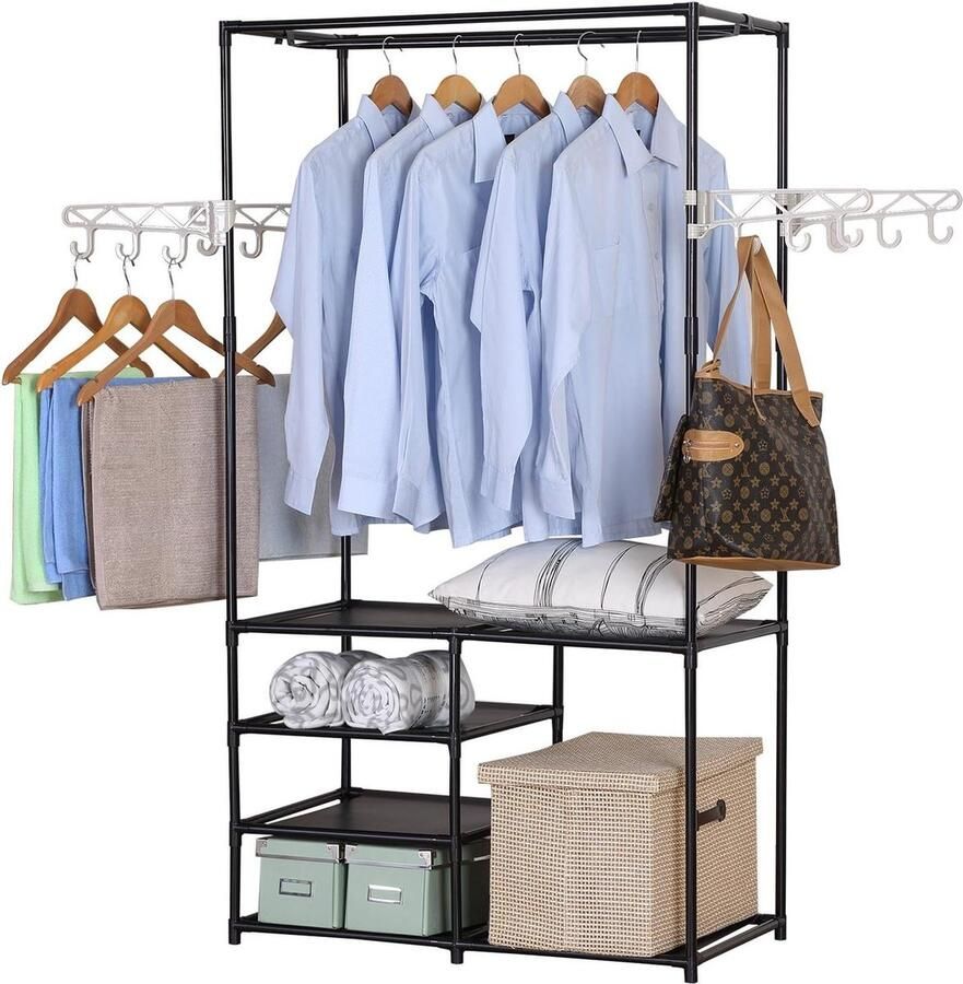 Kledingrek voor zwaar gebruik Dubbele rail 6 etages planken Schoenenrek 4 haken Hangplank Zwart Kledingrek