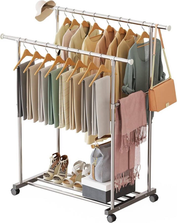 Kledingrek voor zware lasten kledingstang op wieltjes 100 x 50 x 145 cm met uittrekbare kapstok (120-200 cm) inklapbaar onderdeel zilver