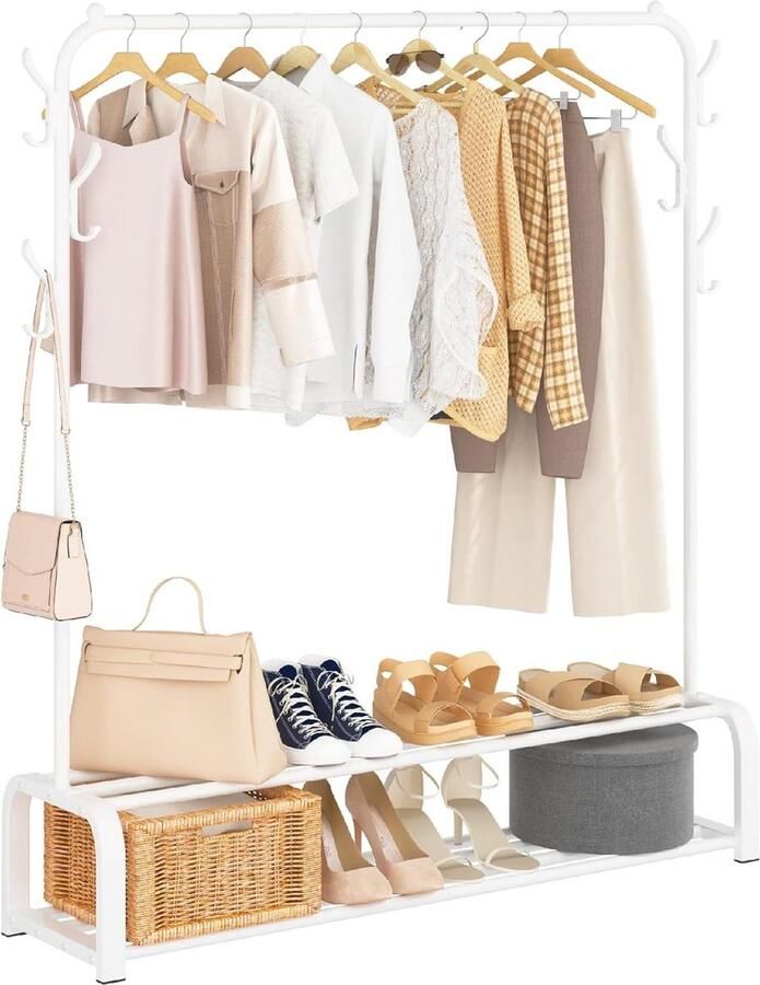 Kledingrek Vrijstaand met Bovenstang Onderste Opbergruimte en 6 Haken Wit Opvouwbare kledingrek
