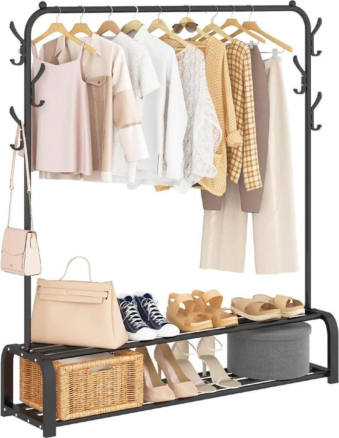 Kledingrek Vrijstaand met Bovenstang Onderste Opbergruimte en 6 Haken Zwart Opvouwbare kledingrek