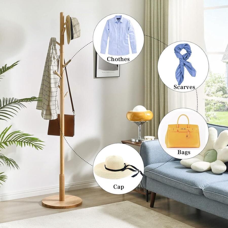 Kledingrek Vrijstaande hal kapstok met 8 haken- boomrek met ronde basis- ingang kapstok voor portemonnees- voor kleding sjaals- hal slaapkamer woonkamer- natuurlijke kleur WD-115