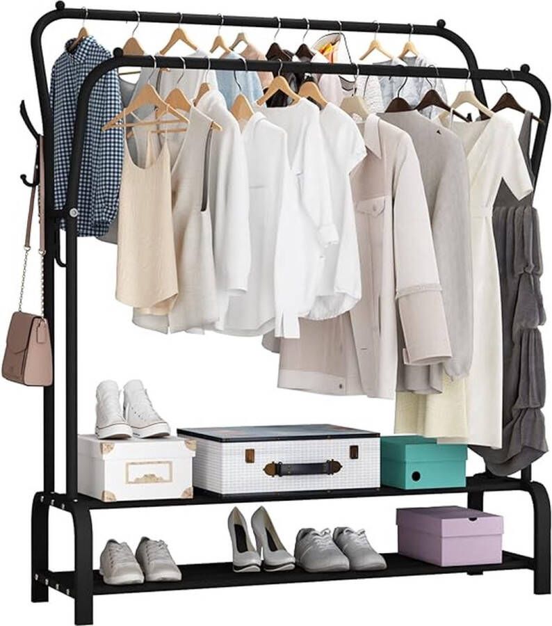 Kledingrek Vrijstaande hanger Dubbele Stangen Multifunctioneel Kledingrek voor Slaapkamers Dubbellaags 4 Haken Zwart