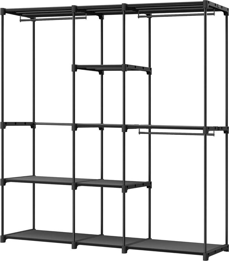 Kledingkast kledingrek vrijstaande kapstok met kledingroedes stoffen planken metalen frame 182 x 43 x 182 cm inktzwart Kledingkast