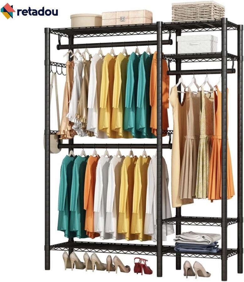 Kledingrek vrijstaande kledingstang met plank metalen garderobe met ophangstangen zwart kledingkast open met 4 verstelbare planken voor jassen jurken en schoenen