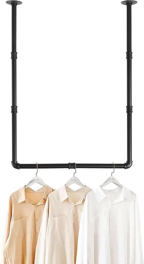Kledingrek Wandgemonteerde zware industriële stalen pijp multifunctionele hangstang voor wasgoed- woonkamer en kast- zwart 1 pak