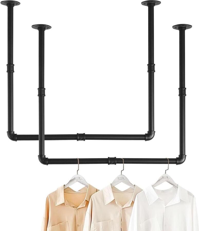Kledingrek Wandgemonteerde zware industriële stalen pijp kledingrek multifunctionele hangstang voor wasgoed woonkamer en kast zwart 2 stuks