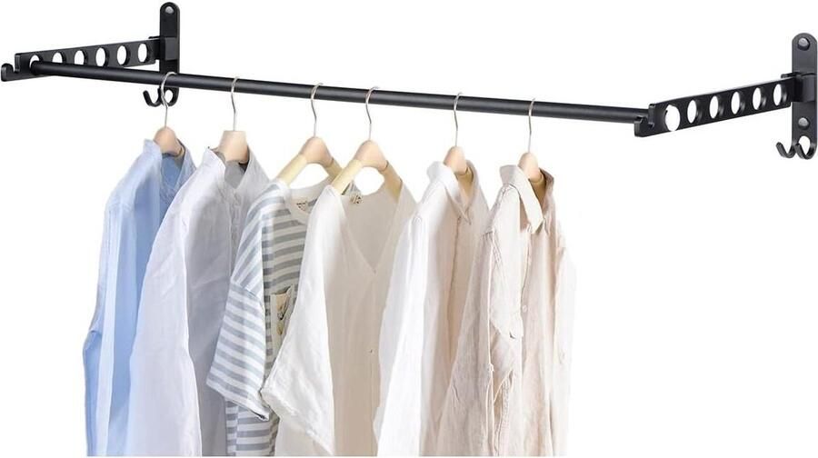 Kledingrek opvouwbaar wandmontage kasthaken voor slaapkamer wasruimte (zwart 2 stuks + staven)