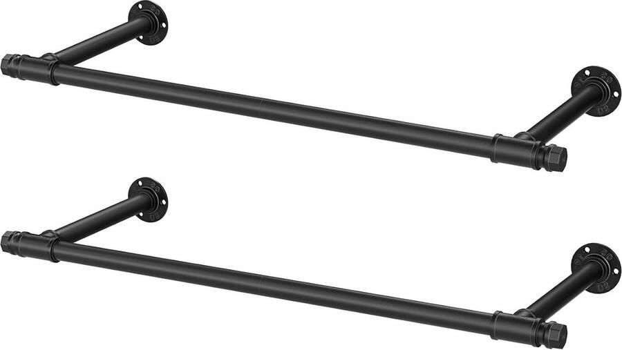 Kledingrek Wandmontage kledingstang set van 2 wandophangrail industrieel ruimtebesparend 30 x 84 x 7 cm 60 kg draagvermogen eenvoudige montage zwart HSR140B02