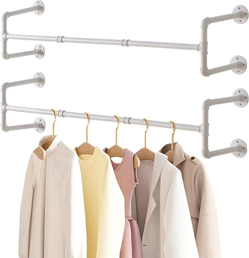 Wandmontage Kapstok Industrieel Ontwerp Verwijderbaar Kledingrek Ruimtebesparend Rack Belasting tot 60kg Vier Bases Wit 50 inch TYJ002W-2