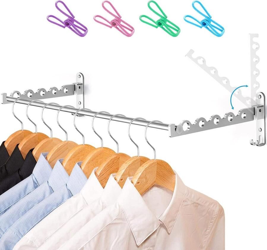 Kledingrek Wandmontage Vouwbaar Ruimtebesparend Muurhanger Rod voor Wasserij Slaapkamer Badkamer (Zilver 2)