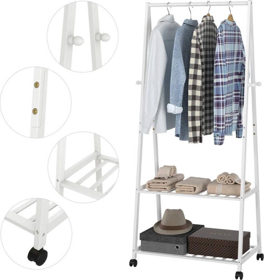 Kledingrek wit op wieltjes kledingstang met plank garderobestandaard rolgarderobe voor slaapkamer kleedkamer 77 x 44 x 166 cm