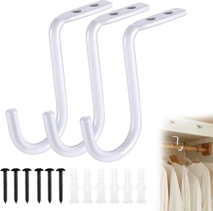 Kledingreksteun Haak Set van 3 Stuks voor Kledingstang Wandmontage Kast Staaf Beugel Garderobe Opslaghanger Metaal 1 Inch Zware Ondersteuning