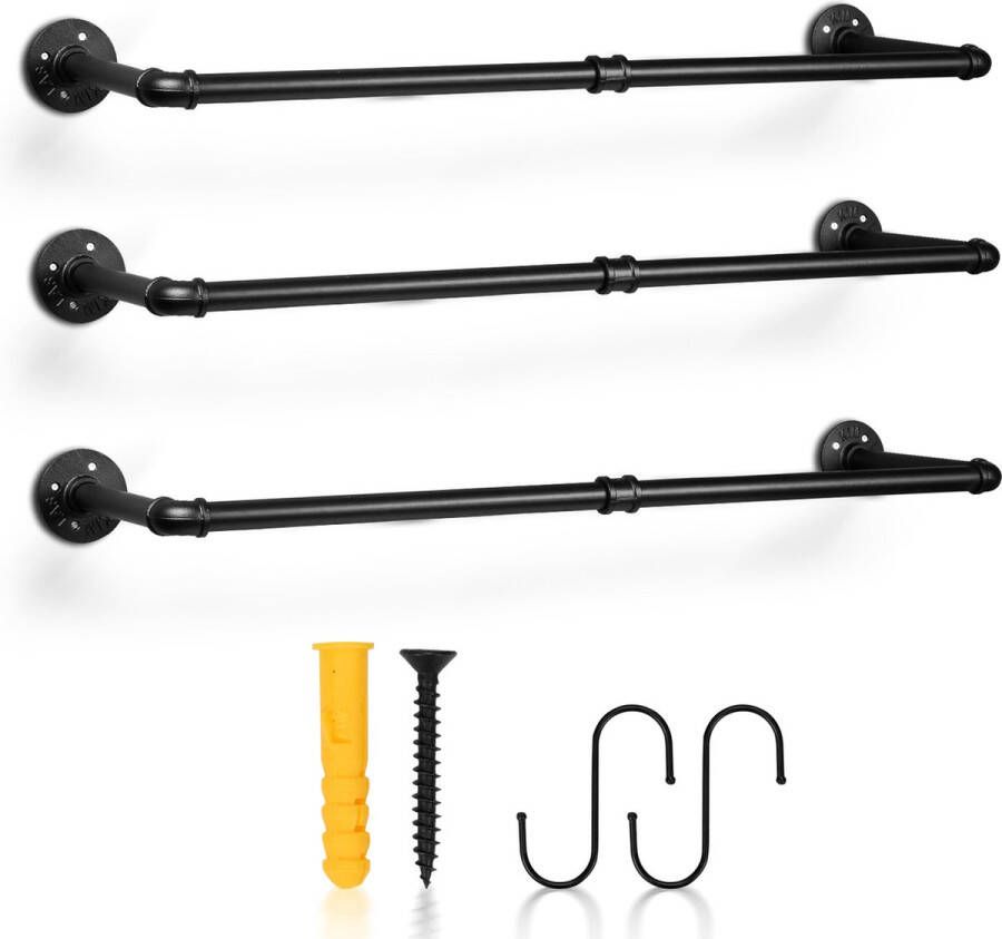 Kledingstang voor aan de muur Kledingrek Kledingroede 3 Stuks Premium Metaal 92 cm Zwart Hangrek Garderobe Stang Wandgarderobe Industrieel Ruimtebesparend Eenvoudige Montage 65 kg Draagvermogen