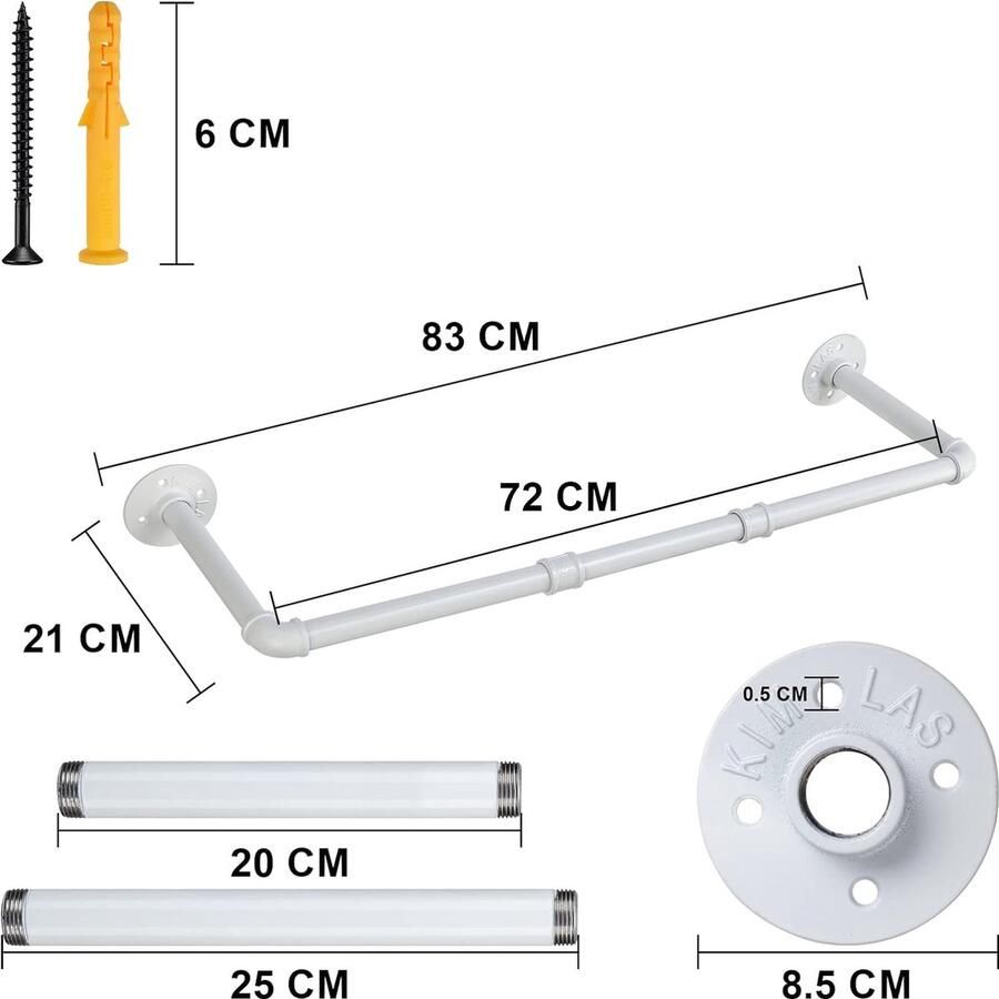 Kledingroede Wandmontage 70 cm Afneembare Metalen Kledingrail Witte Kapstokbuis 20 cm Afstand tot Muur 50 kg Draagvermogen Kledinghanger Rek Industrieel Wandrek