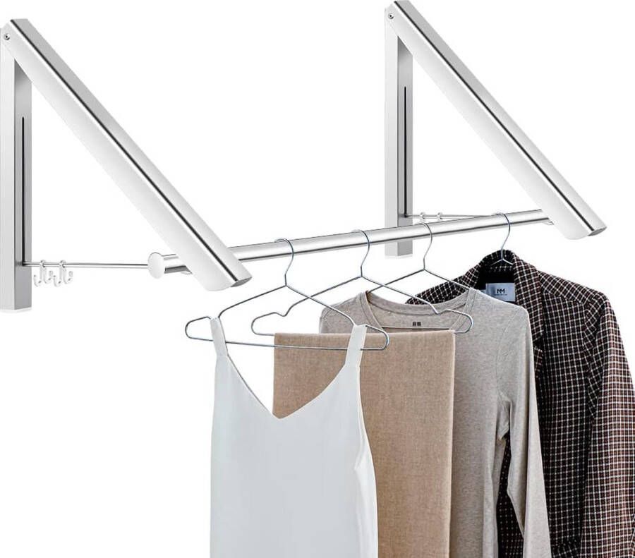 Kledingstandaard inklapbaar kledinghaken voor aan de muur 2 stuks aluminium met stang en haken ruimtebesparend voor balkon slaapkamer badkamer zilver