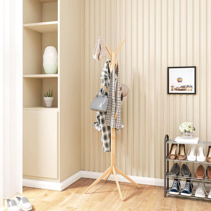 Kledingstandaard met 8 haken kledingstandaard hangplank kledingrek 180 cm hoogte MDF hout