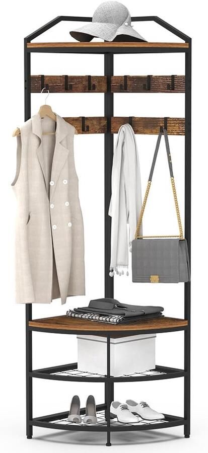 Metal Corner Coat Rack with 12 Movable Hooks and Storage Freestanding Organizer for Hallway Living Room Bedroom Office halmeubel met kapstok