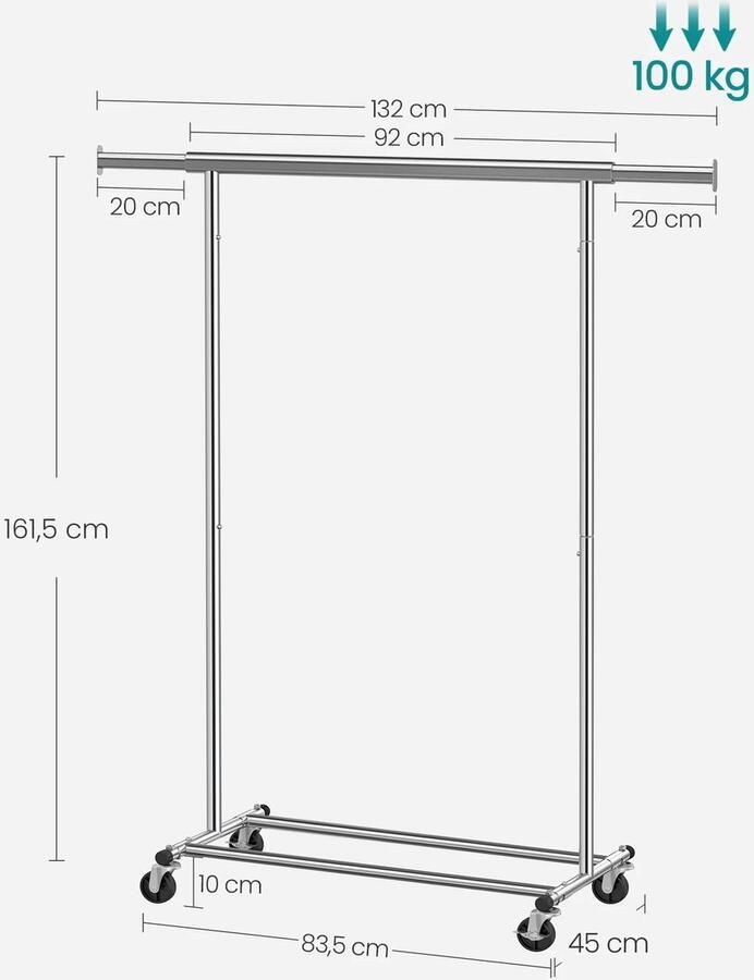 Kledingstandaard op wielen – Verstelbare kledingroede 92-132 cm – Tot 100 kg draagkracht – Staal met chroomcoating – Met 4 zwenkwielen – Inclusief remmen – Extra opbergruimte – Compact op te bergen