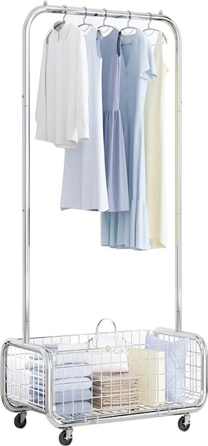 Kledingstandaard robuuste kledingstandaard voor het ophangen van kleding kledingrek met vergrendelbare wielen hangende kledingstandaard met afneembare opbergmand (63 x 40 x 10 cm)