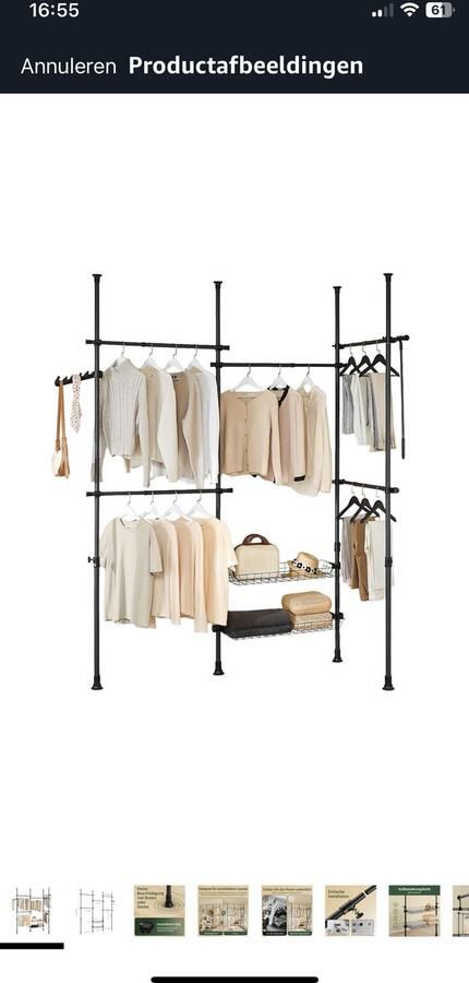 Kledingstandaard robuuste kledingstang verstelbare open kledingkast met planken voor slaapkamer garderobestand zwart