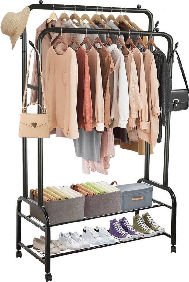 Kledingstandaard vrijstaande dubbele hengelhanger voor slaapkamer kledingrek multifunctionele kledingstandaard met 4 haken en 2 lagen vloerplanken voor slaapkamer