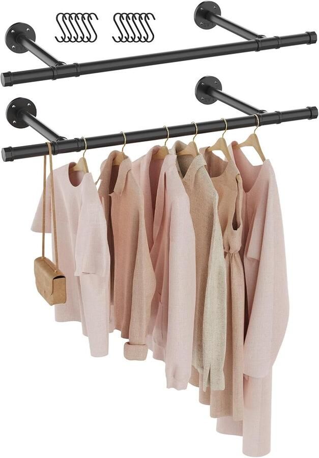 Retadou Kledingstang industrieel garderobestang wandmontage kledingrek garderobehouder doe-het-zelf garderobesysteem inloopkast voor kleine kamers 77 cm set van 2 zwart