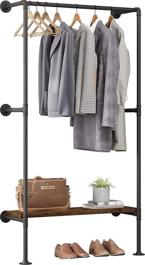 Kledingstang industrieel zwart kledingrek voor wandmontage kapstok met plank voor slaapkamer kledingstangsysteem van metalen buizen MDF SRY42shei