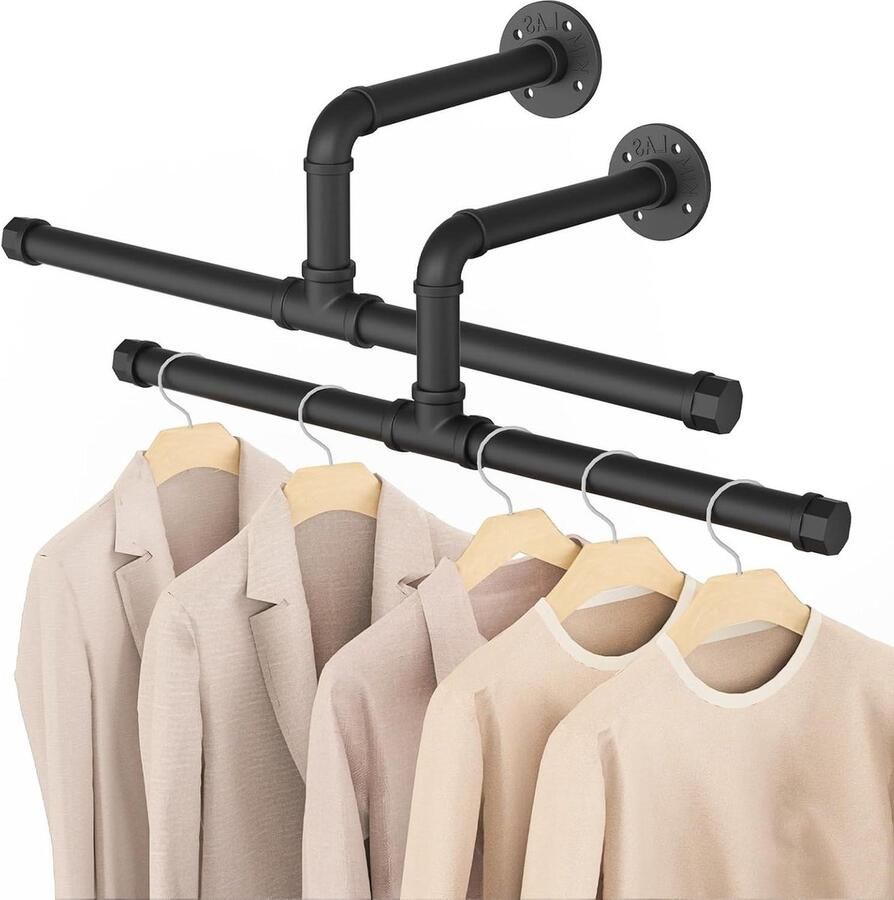Kledingstang industriële stijl 51 cm wandkledingrek rustieke kledingopslag ruimtebesparend wandrek voor kleine kamers zwart set van 2
