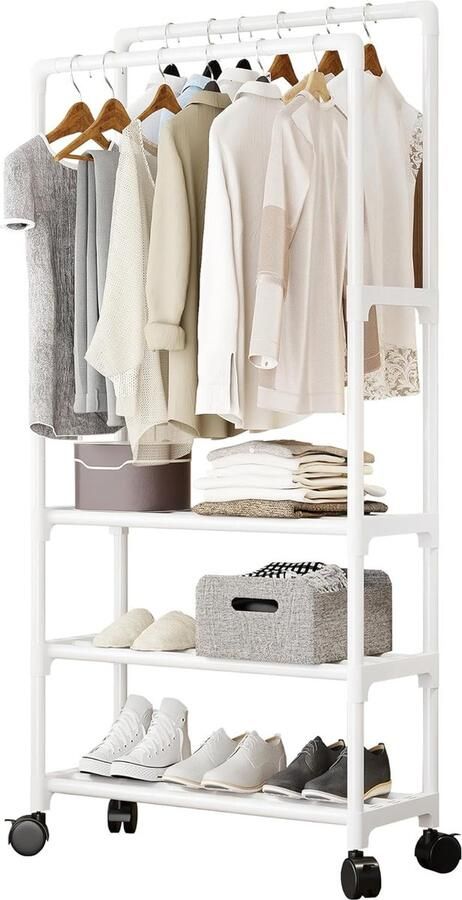 Kledingstang kledingstandaard kledingrek op wieltjes stabiel met 3 lagen opbergvakken (wit)