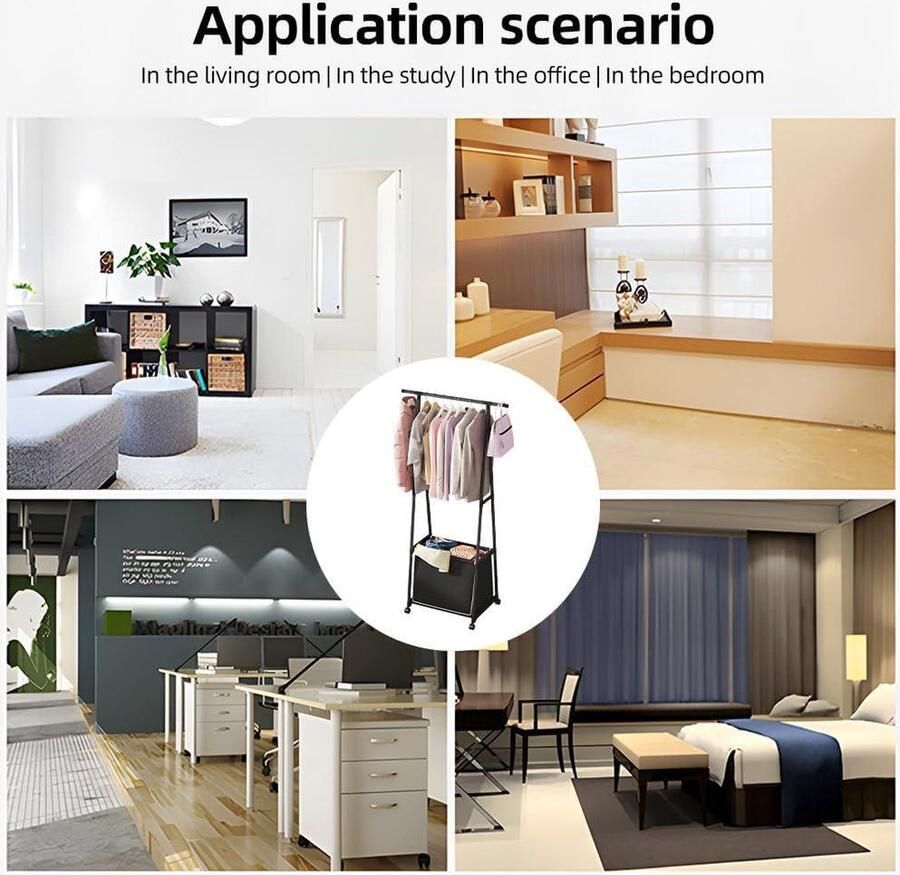 Kledingstang op wieltjes Kapstok met stang en opbergvakken voor slaapkamer en wasruimte Zwart kledingrek - Foto 2