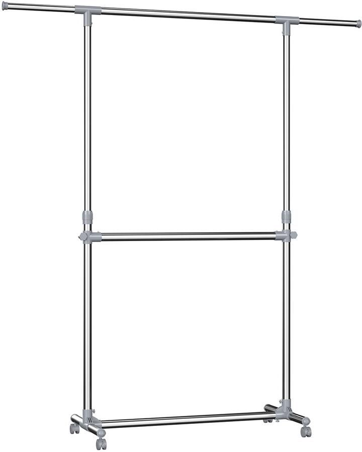 Kledingstang uitschuifbare kledingstang met 2 lagen stangen hoogte en breedte verstelbaar stevig metalen frame geschikt voor wasruimte atelier en slaapkamer 101-166 x 49 x 113-198 cm grijs