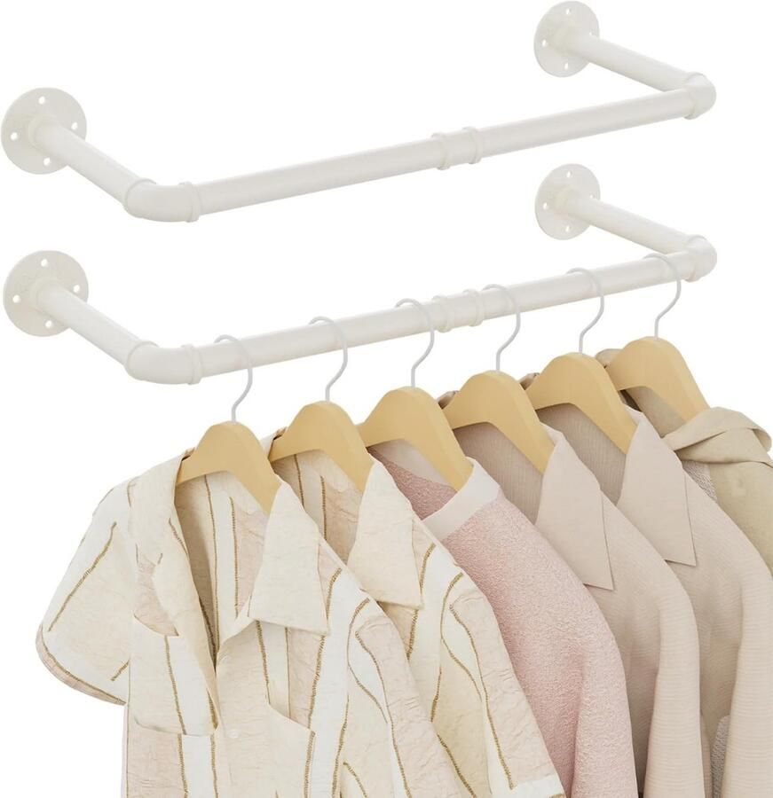 Kledingstang voor aan de Muur – Hoogwaardige Stalen Kledingroede – Set van 2 – Kledingrek Hangrek Garderobe Stang – 64 cm Wit