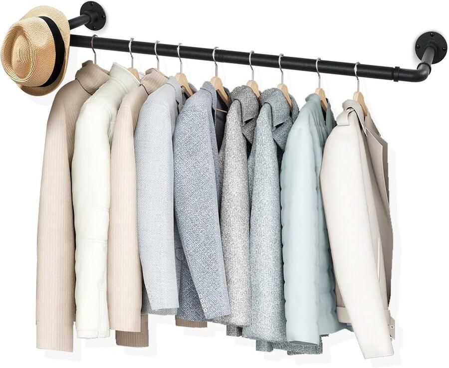 Kledingstang voor aan de muur ruimtebesparend 119 cm zwart industrieel