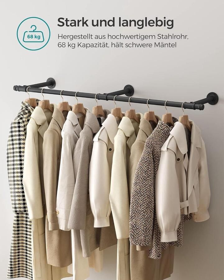 Kledingstang wandgarderobe industrieel-ruimtebesparend-montage eenvoudige-kleine ruimtes-zwart HSR104B01 met 304x170x7 cm en 68 kg draagvermogen