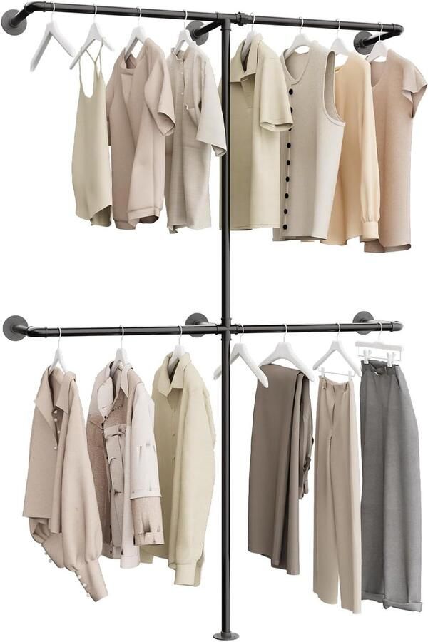 Retadou Kledingstang wandmontage 200 kg draagvermogen open kledingkast of kledingrek industrieel goud van metaal waterleidingen twee kolommen 120 x 180 cm