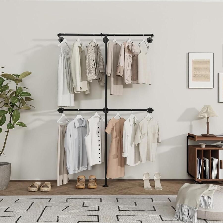 Kledingstang wandmontage 200 kg draagvermogen voor open kledingkast of kledingrek Industrieel goud Metaal Waterleidingen Twee kolommen 120 x 180 cm