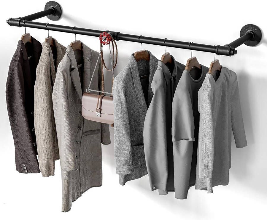 Kledingstang wandmontage kledingrek garderobe muur zwart 94 x 27 cm industriële stijl met rode ventielen om op te hangen kledingstang buis voor slaapkamer woonkamer hal