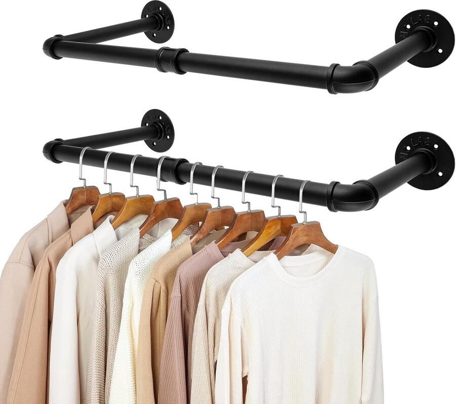 Kledingstangen wandmontage zwart set van 2 industriële kledingstang 60 cm garderobestang kledingrek van metaal kledingstang voor kast bijkeuken