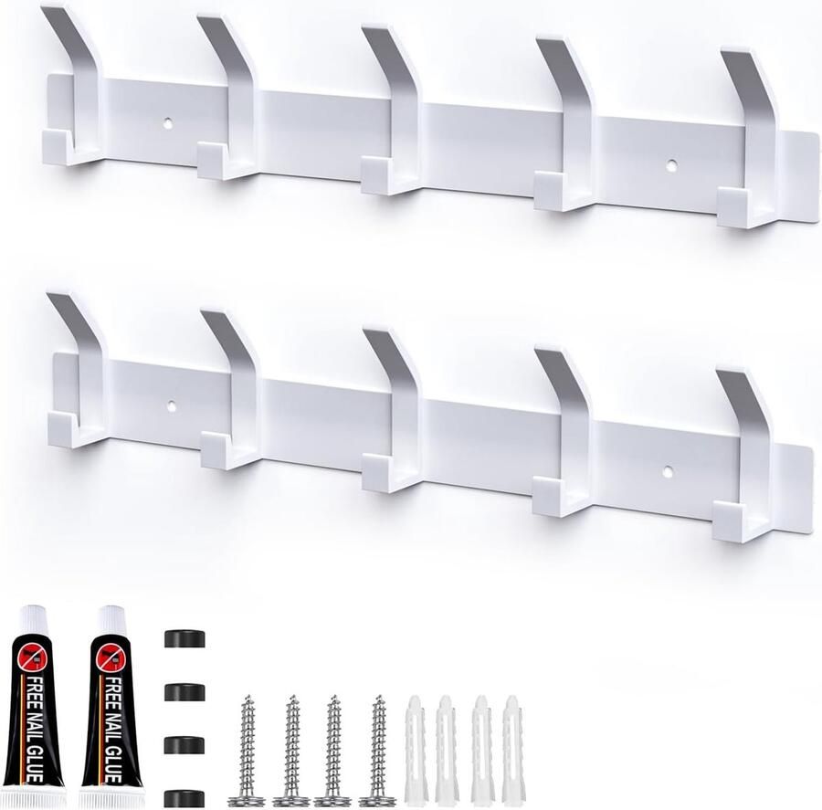 Kleerhaken aan de muur 2 stuks garderobehaken met 5 haken metalen kledinghaken haaklijst garderobe voor slaapkamer badkamer keuken garderobe wandgarderobe (wit)
